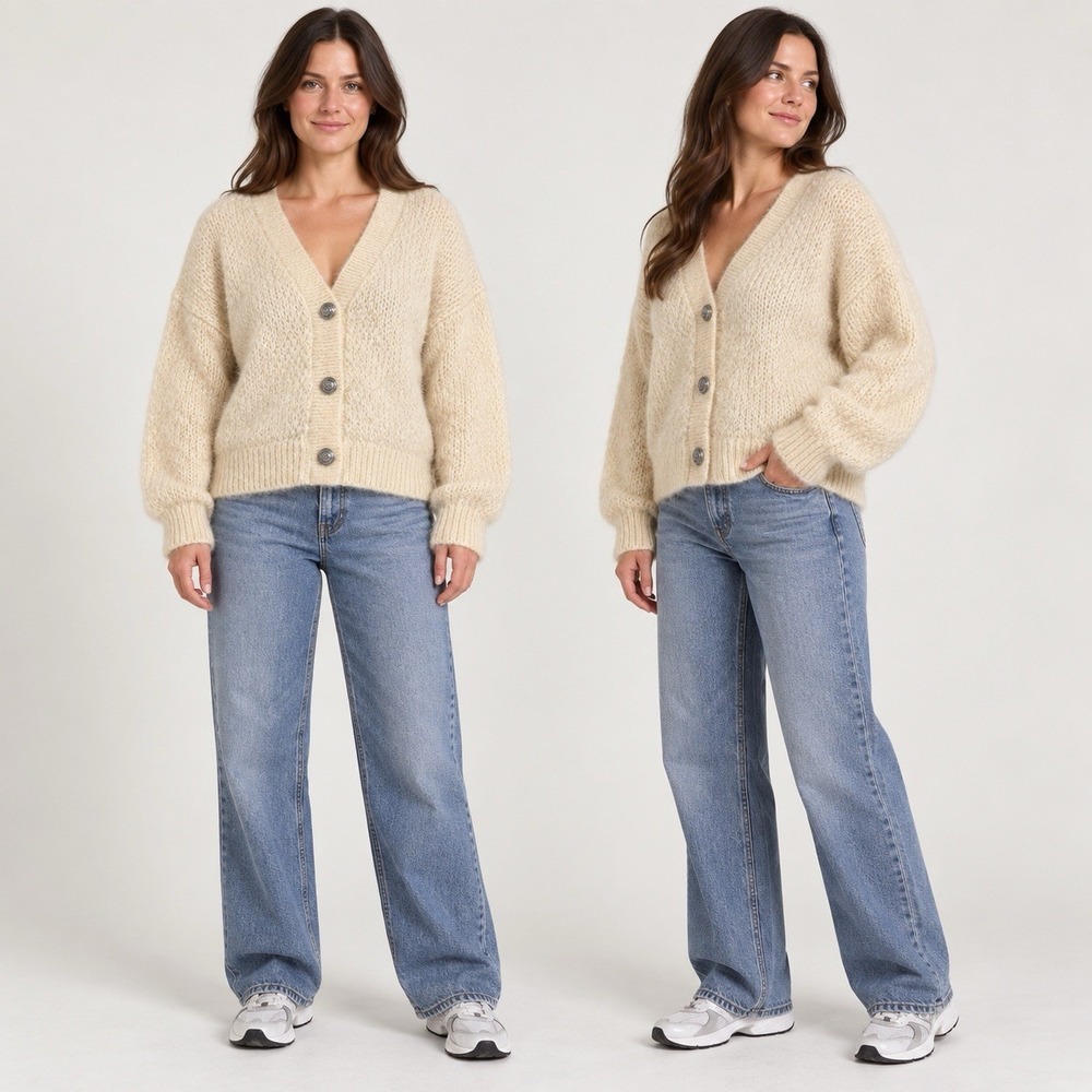 Vintage 80s 525 Made in USA Mohair Wool Cardigan Sweater Ivory Oversized OS